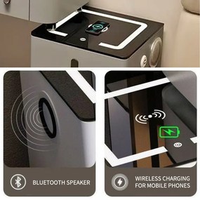 RESIGILAT- Set MIRANDA, Masă de toaletă pentru machiaj cu oglindă iluminată LED, control touch, comoda, scaun, Difuzor Bluetooth, zona încărcare fără fir, port de încărcare USB, Gri