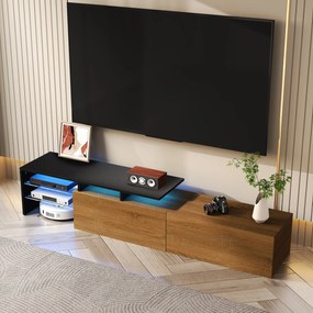 Comodă TV cu iluminare LED, spațiu de depozitare și rafturi din sticlă, 170x33x33,5 cm, Negru+Culoare naturală