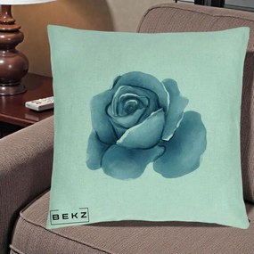 Perna Decorativa Trandafir Albastru Acuarela, 40x40 cm, Verde Menta, Husa Detasabila, Perna Inclusa, BEKZ®