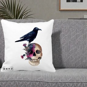 Perna Decorativa Craniu cu Corb si Flori Gothic, 40x40 cm, Alba Mata, Husa Detasabila, Perna Inclusa, BEKZ®