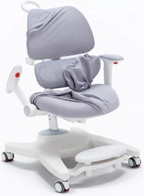RESIGILAT- GROWFIT ERGO CARE JUNIOR PRO 360 – Scaun ergonomic reglabil pentru copii și adolescenți, cu spătar dublu adaptiv, suport lombar automat, cotiere 4D, roți cu blocare automată, ajustare completă 360°, Gri