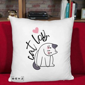 Perna Personalizata Cat Lover Pisica Ilustratie Linie, 40x40 cm, Alb Pufos, Husa Detasabila, Perna Inclusa, BEKZ®