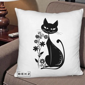 Perna Decorativa Pisica Neagra Grafica Minimalista, 40x40 cm, Alb Pufos, Husa Detasabila, Perna Inclusa, BEKZ®