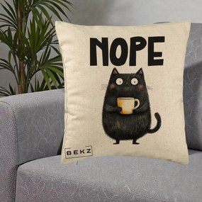 Perna Decorativa NOPE Pisica Neagra Cafea, 40x40 cm, Bej, Husa Detasabila, Perna Inclusa, BEKZ®