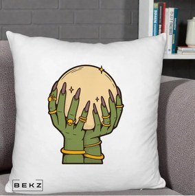 Perna Decorativa Halloween Maini Vrajitoare cu Glob de Cristal, 40x40 cm, Alb Pufos, Husa Detasabila, Perna Inclusa, BEKZ®