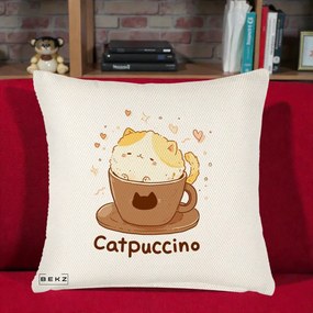 Perna Decorativa Catpuccino Pisica Cappuccino, 40x40 cm, Crem Reliefat, Husa Detasabila, Perna Inclusa, BEKZ®