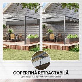 Outsunny Pergolă Gazebo 4x3 m cu Acoperiș Retractabil, Orificii de Drenaj, Țepușe și Șuruburi, Pergolă pentru Grădină din Poliester și Metal, Gri Închis | Aosom Romania