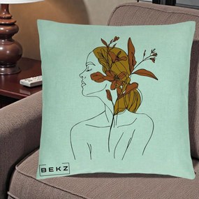 Perna Decorativa Portret Feminin Crin Ruginiu Auriu, 40x40 cm, Verde Menta, Husa Detasabila, Perna Inclusa, BEKZ®