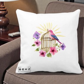Perna Decorativa Pasare Roz pe Colivie Aurie cu Flori, 40x40 cm, Alba Mata, Husa Detasabila, Perna Inclusa, BEKZ®