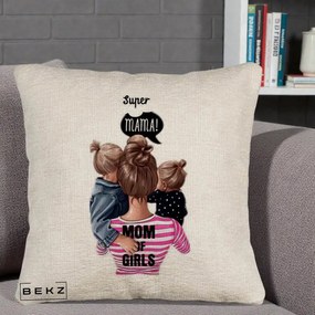 Cadou pentru Mama - Perna Personalizata Super Mama Mom of Girls, 40x40 cm, Bej Canapea, Husa Detasabila, Perna Inclusa, BEKZ®