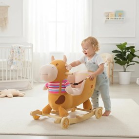 Balansoar Muzical 2 in 1 din Plus cu Roti, NOVOKIDS™ Happy Bouncer Cow, Dimensiuni 58x50x30 cm, model Vacuta bej