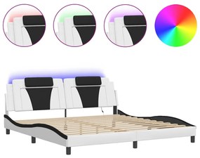 3214049 vidaXL Cadru de pat cu lumini LED alb/negru 200x200 cm piele ecologică