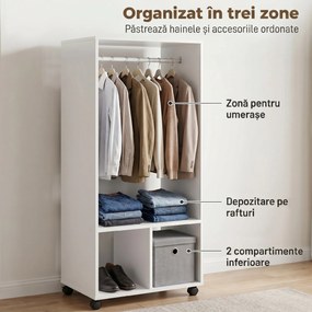 HOMCOM Cuier cu Bară din Aluminiu și 2 Rafturi Deschise, 60x40x128 cm, Alb | Aosom Romania