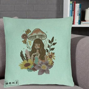 Perna Decorativa Fata Ciuperca Boho Florala, 40x40 cm, Verde Menta, Husa Detasabila, Perna Inclusa, BEKZ®