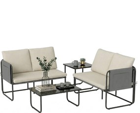 Outsunny Set Mobilier Grădină Exterior 4 Piese cu 2 Canapele 2 Locuri 2 Mese din Sticlă Perne Huse Detașabile și Buzunare Kaki | Aosom Romania