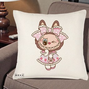 Perna Personalizata Labubu Lolita Roz cu Dantela, 40x40 cm, Crem Reliefat, Husa Detasabila, Perna Inclusa, BEKZ®