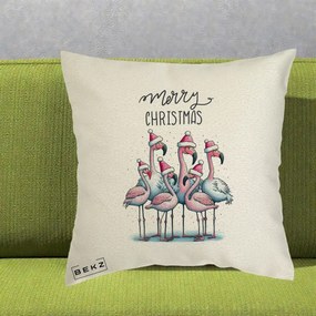 Perna Decorativa Flamingo Merry Christmas, 40x40 cm, Ecru, Husa Detasabila, Perna Inclusa, BEKZ®