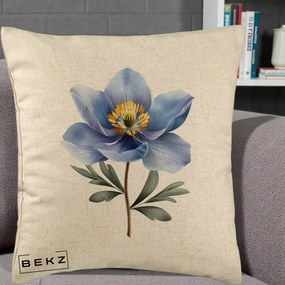 Perna Decorativa Anemona Albastra Botanica, 40x40 cm, Bej, Husa Detasabila, Perna Inclusa, BEKZ®