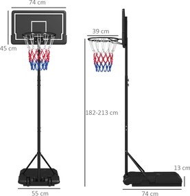 SPORTNOW Stativ de baschet, reglabil pe înălțime, mobil, umplabil, panou rezistent la spargere, înălțime coș 1,82 - 2,13 m, Negru | Aosom Romania