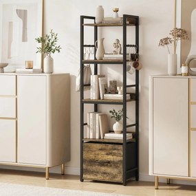 HOMCOM Bibliotecă cu 4 niveluri, etajeră de depozitare îngustă cu sertar, 8 cârlige, , 39 x 26 x 136,5 cm, maro rustic | Aosom Romania