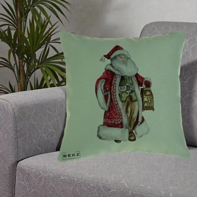 Perna Decorativa Mos Craciun Vintage cu Felinar, 40x40 cm, Verde, Husa Detasabila, Perna Inclusa, BEKZ®