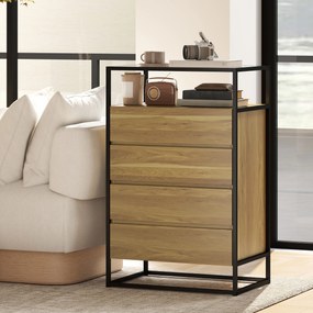 HOMCOM Comodă cu 4 Sertare, Raft Deschis, Oțel, Sticlă Securizată | Aosom Romania