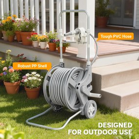 Outsunny Carucior pentru furtun 45 m tambur pentru furtun cu 2 moduri de pulverizare, adaptor robinet manivelă 2 roți 45 x 44 x 78 cm Gri | Aosom Romania