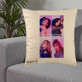 Perna Personalizata K-pop BLACKPINK Poster Colaj 4 Membre Violet Roz, 40x40 cm, Bej, Husa Detasabila, Perna Inclusa, BEKZ®
