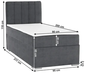 Pat boxspring, pat de o persoană, gri, 90x200, stânga, AMIS