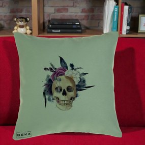 Perna Decorativa Craniu Floral cu Trandafiri si Ciuperci, 40x40 cm, Verde, Husa Detasabila, Perna Inclusa, BEKZ®