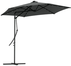 Outsunny Umbrelă Excentrică de 3 m cu Lumini LED cu Manivelă și Bază în Cruce pentru Exterior Patio Terasă Gri Închis | Aosom Romania