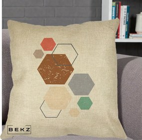 Perna Decorativa Geometric Hexagoane Multicolor, 40x40 cm, Crem, Husa Detasabila, Perna Inclusa, BEKZ®