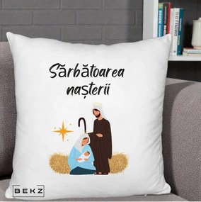 Perna Decorativa Nasterea Domnului Sfanta Familie Sarbatoarea Nasterii, 40x40 cm, Alb Pufos, Husa Detasabila, Perna Inclusa, BEKZ®