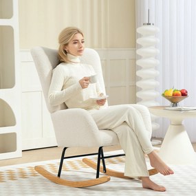 HOMCOM Balansoar, Fotoliu din Catifea Teddy, Scaun Relax cu Picioare din Lemn, Balansoar pentru Dormitor și Living, Alb Crem | Aosom Romania
