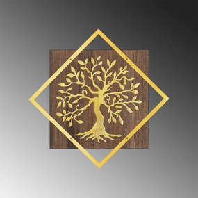 Decoratiune perete TREE V2, nuc/auriu, lemn/metal, 54x54 cm