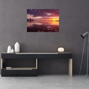 Tablou pe sticlă -  Plajă la apus de soare (70x50 cm)