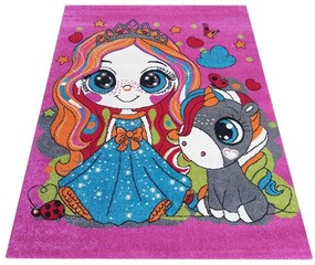 Covor roz modern pentru camera de copii papușă și unicorn Lățime: 160 cm | Lungime: 220 cm