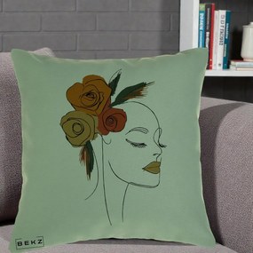 Perna Decorativa Portret Feminin Trandafiri Ruginii, 40x40 cm, Verde, Husa Detasabila, Perna Inclusa, BEKZ®