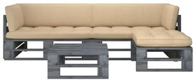 Set mobilier paleti cu perne, 4 piese, lemn pin gri tratat Bej, 2x colt + suport pentru picioare + masa, Gri, 1