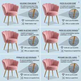 HOMCOM Scaun Imbottit Tip Scoică din Catifea, Scaunel Vintage cu Picioare Aurite, Scaun de Machiaj pentru Cameră și Sufragerie, Roz | Aosom Romania