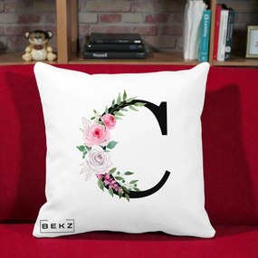 Cadou Personalizat - Perna Personalizata Monograma Florala Litera C, 40x40 cm, Alba Mata, Husa Detasabila, Perna Inclusa, BEKZ®