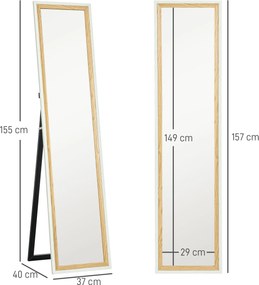 HOMCOM Oglindă de podea lungime întreagă oglindă pe suport cu ramă cu efect lemn, montare pe sol, suspendată, sprijinită, 157 x 37 cm alb | Aosom Romania