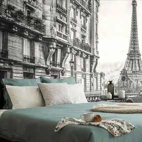 Tapet Turnul Eiffel de pe strada Parisului în alb-negru