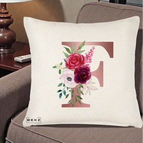 Cadou Personalizat - Perna Personalizata Monograma Rose Gold Litera F, 40x40 cm, Crem Reliefat, Husa Detasabila, Perna Inclusa, BEKZ®