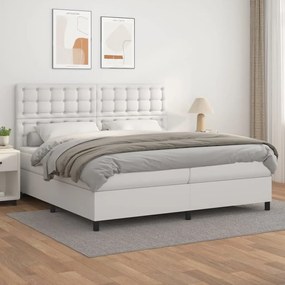 3142864 vidaXL Pat box spring cu saltea, alb, 200x200 cm, piele ecologică