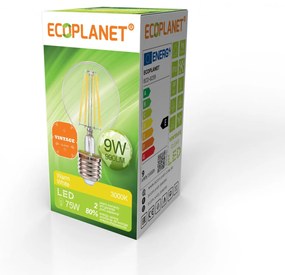 Bec LED A60 filament Ecoplanet Vintage, E27, 9W (75W), 990 LM, E, lumina calda 3000K, Clar Transparent Lumina calda - 3000K, 1 buc