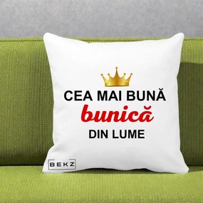 Cadou pentru Bunica - Perna Personalizata Cea Mai Buna Bunica Din Lume Coroana Aurie, 40x40 cm, Alba Mata, Husa Detasabila, Perna Inclusa, BEKZ®