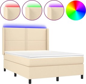 vidaXL Pat cu arcuri, saltea și LED, crem, 140x190 cm, textil