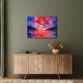 Tablou - Apariția cailor spațiali peste lac, acuarelă (70x50 cm)