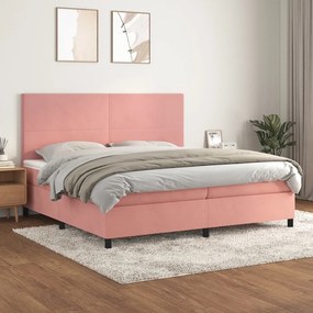 Pat box spring cu saltea, roz, 200x200 cm, catifea Roz, 200 x 200 cm, Design simplu